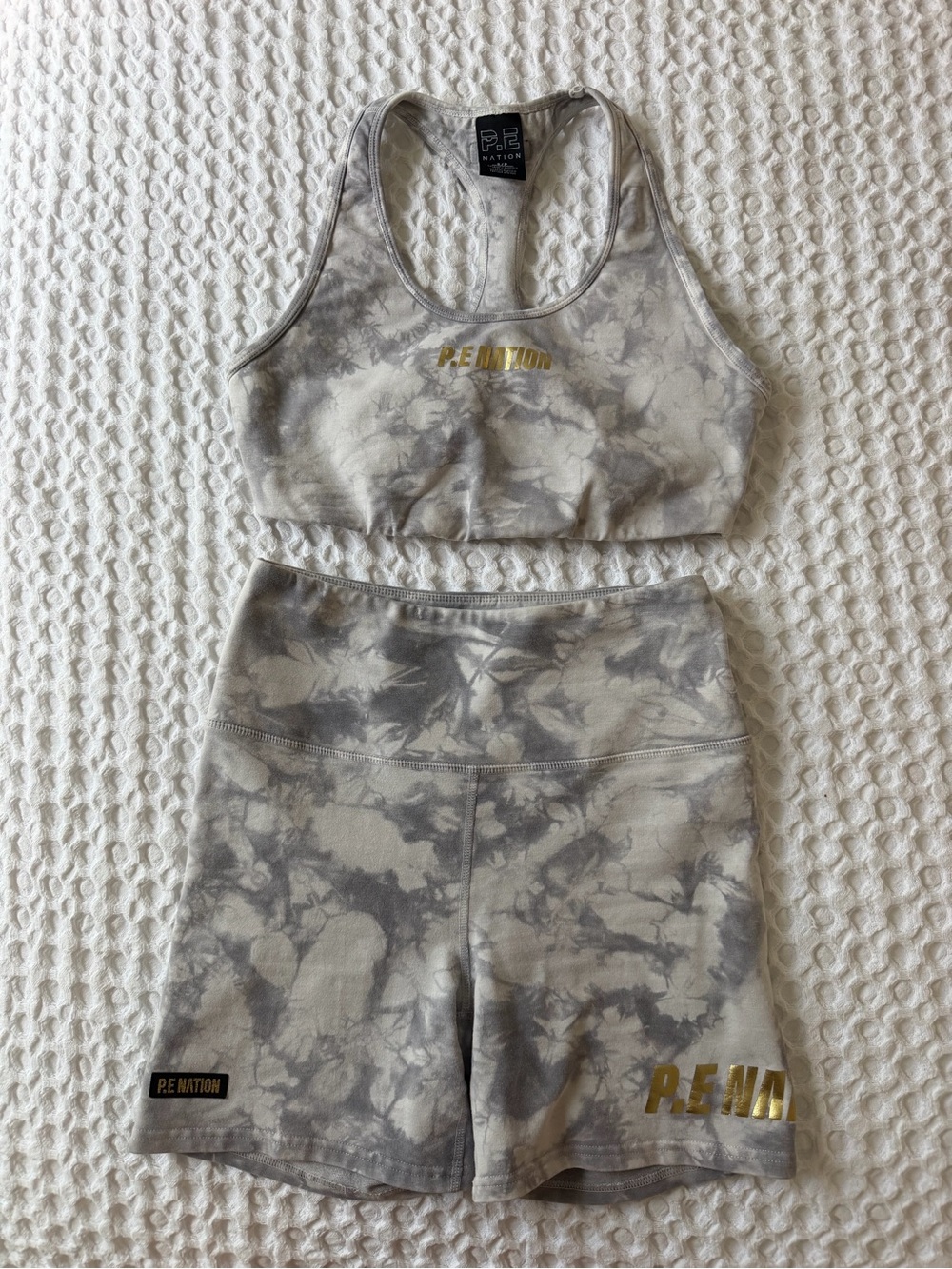 P.E Nation Gray Tie-Dye Sports Bra & High-Rise Shorts with Gold Logo
